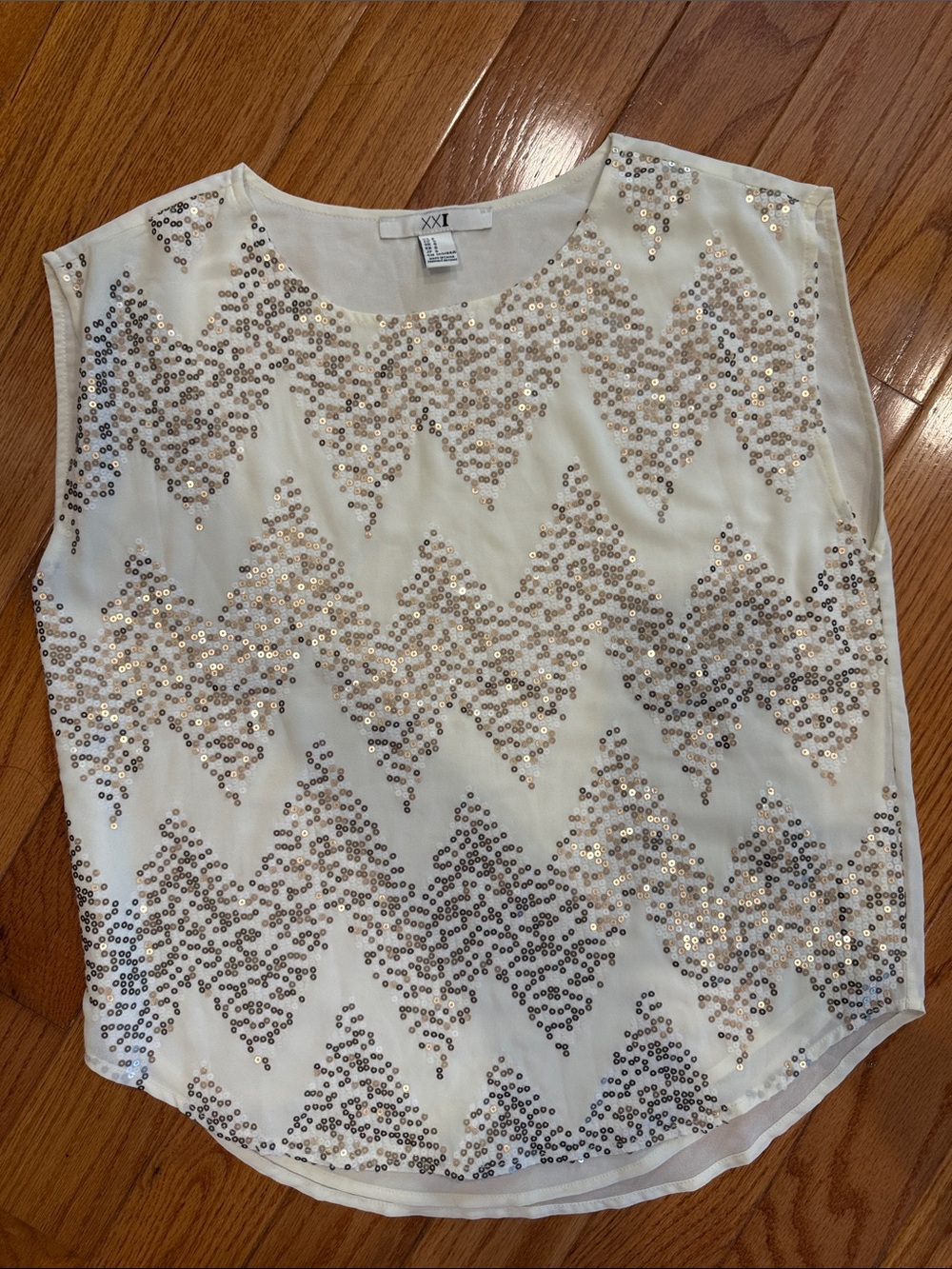Forever 21 Cream Sleeveless Sequin Chevron Top